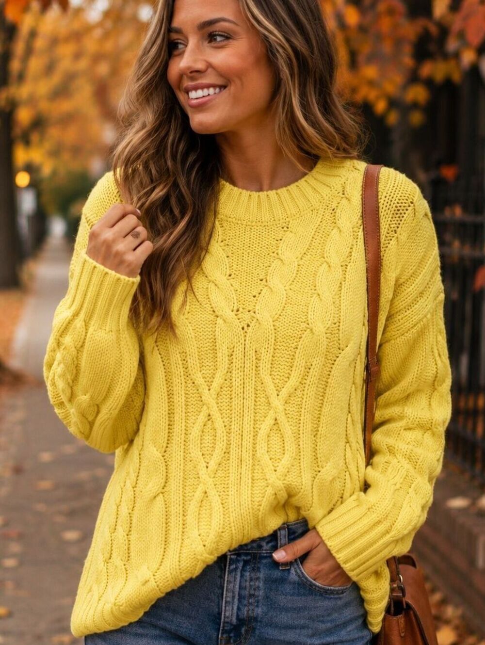 Crown & Ivy Large Bright Yellow Preppy Cable Knit Pullover Fisherman Sweater